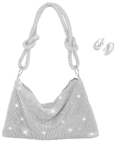 WQU Clutch Bag for women, Elegant Diamond Clutch for Wedding Bridal Prom Cocktail Party Ladies Evening Bag,Complimentary Matching Teardrop-shaped Earrings (Sliver)