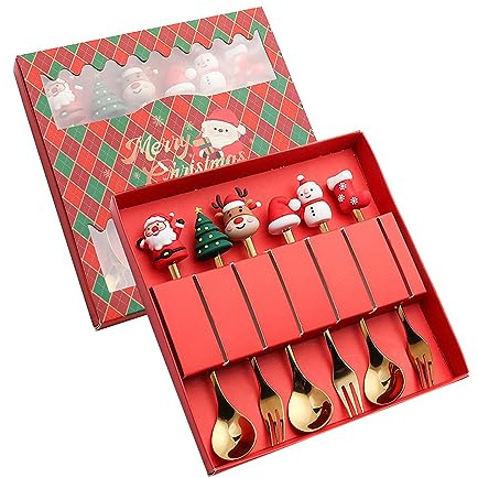SiaBiced 6 Piezas Set de Cucharas Y Tenedores de Postre Navideños en Acero Inoxidable Diseño en Navidad con Figuras Festivas Ideal para Mesa de Café, Estilo un, Individual