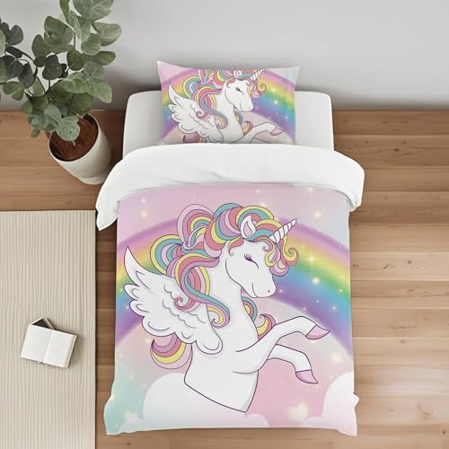 Caregchrisj Toddlers Unicorn Duvet Cover Sets 120 x 150cm, Pink Unicorn Rainbows Single Duvet Cover Set with Zip Closure Soft Microfibre Duvet Covers and 1 Pillowcase 40 x 60 cm