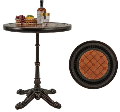 KOMFOTTEU Runder Gartentisch aus Aluminiumguss, Balkontisch mit Schiefer-Textur & Patchwork, Terrassentisch Vintage-Stil, φ60,5 x 73 cm