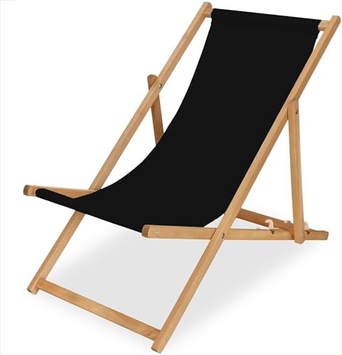 SPRINGOS Klappbarer Holz-Sonnenstuhl mit 3-Fach Verstellbarer Rückenlehne, Schwarz, bis 120 kg – hochwertiger, Stabiler Liegestuhl für Garten, Balkon, Strand, mit Streifenmuster