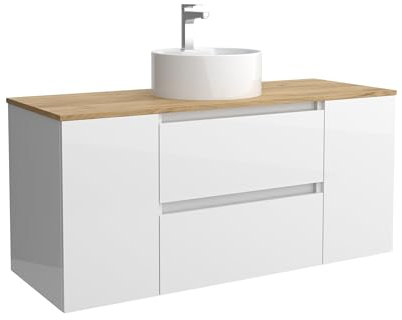 Cygnus Bath Mueble de Baño BEQUIA Plus 120cm Blanco Brillo | Lavabo sobre encimera Porcelana Centrado 1P