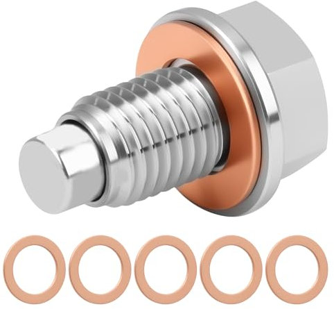 Magnetic Oil Drain Plug with Copper Crush Washer – M12 X 1.5 Stainless Steel Sump Drain Nut Bolt, Oil Plug Replacement, Magnetic Oil Drain for Cars Motorcycles –5 Washers, Universal Fit
