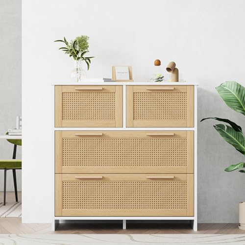 Merax Rattan Sideboard Kommode mit 4 Schubladen, Sideboard Holz Küchenschrank Buffet mit Massivholzgriffen, für Küche, Esszimmer, Wohnzimmer, Flur, Eiche+Weiß/80x38x80cm