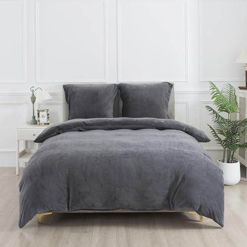 WUMIUER Plüsch Bettwäsche 200x200 cm Schwarz Grau 3tlg Set, Winter Biber Warm Flauschig Bettbezug und 2 Kissenbezüge 80x80cm, Kuschelig Weich Cashmere Touch Flanell Bettdeckenbezug Bettdecke Cover