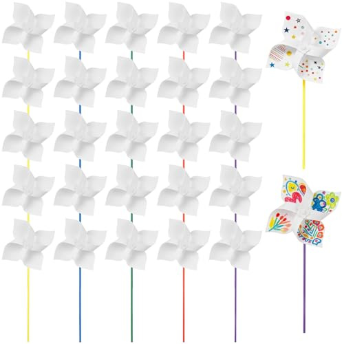 Itoyx 25 Pcs DIY Pinwheels Craft Kit, 15 in Blank Color Your Own White Pinwheels, Four-Leaf Dutch Bulk Pinwheels with 5 Colored Sticks, Paper Windmills for Little Ones Painting, Garden Decoration