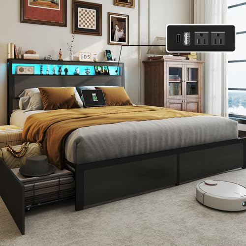 EVBFORU Full Bed Frame with 2-Tier Storage Headboard and 4 Drawers, Metal Platform Bed Frame with LED & Charging Station, No Box Spring Needed/Noise Free/Easy Assembly, Rustic Grey