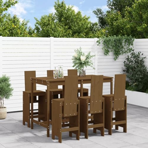 QJBSAVVA 7-TLG. Gartenbar-Set Honigbraun 159,5x82,5x110 cm Massiv-Kiefer bierzeltgarnitur mit 6 Barhockern klappbare Gartenmöbel für Balkon Terrasse Camping Outdoor Lounge