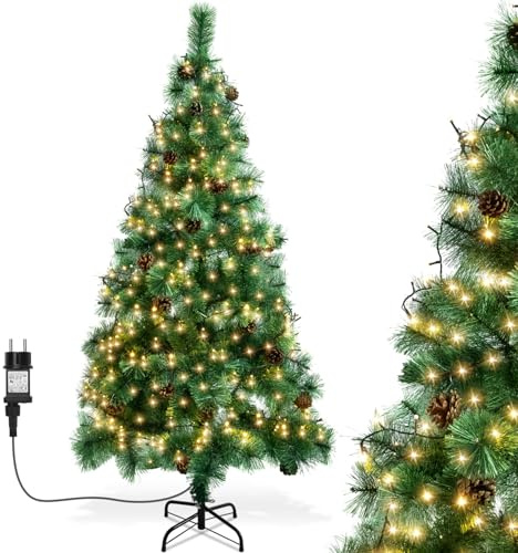 Aigostar 180 cm Künstlich Weihnachtsbaum mit 18 M LED-Beleuchtung, 8 Beleuchtungsmodi, 300 LED, Warmweiß, Zweige mit Kiefernnadeln und Tannenzapfen, inkl. Metallständer, Schneller Aufbau
