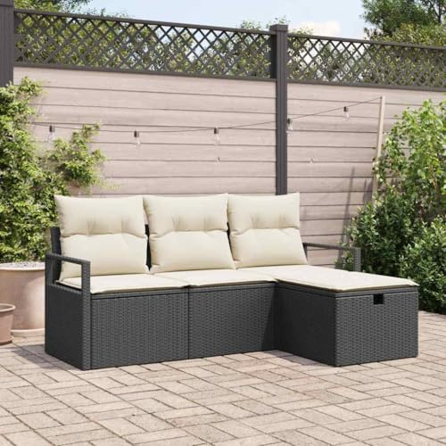 YuuSsea Garten-Sofa-Set mit Kissen, 4-teilig, Schwarz Poly Rattan, modulares Loungeset für Terrasse, Balkon, Verstellbarer Tisch, langlebig