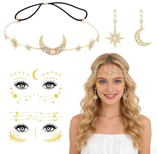 CHENBOOW Fascia Sole Luna e Stelle,4 Pezzi Copricapo Scintillante,Cerchietto Capelli Stelle Luna,Fascia per Capelli con Strass Stella Luna,per Carnevale,Carnevali e Feste a Tema,Halloween