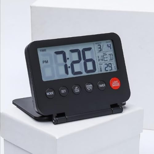 Omana Digital Travel Alarm Clock with Folding cover Clear Large LED Display Backlight 12/24H Time Date Day Temperature Silent Snooze Desk Table Kitchen Bedroom Living Room Office