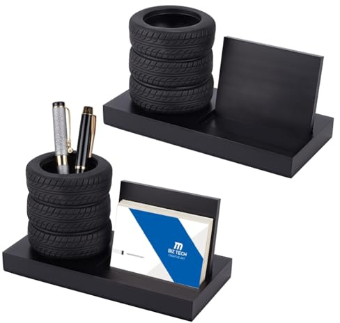 NBEADS 2 Pcs 2-in-1 Tire Shaped Pen Holder, Business Card Tire Shape Stationery Set Automotive Business Card and Car Salesman Pen Holder Office Desk Organizer for Men Cool Mechanics Gifts Car Lover