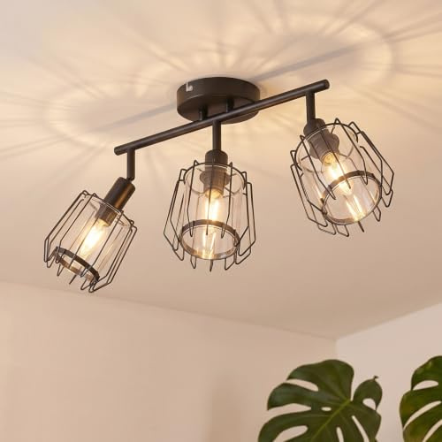 LVWIT Deckenstrahler 3 Flammig, Vintage Deckenlampe Schwarz E14 drehbar, Schwarz Lampen Deckenstrahler mit Acryl Lampenschirm, Deckenlampe LED, Lampe Wohnzimmer Schalfzimmer (ohne Glühbirnen)