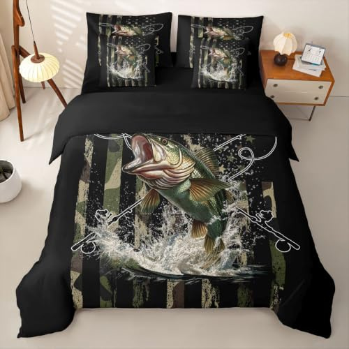 Loussiesd Camo Bass Fish King påslakan med lakan för barn pojkar flickor jakt gädda fisk 7 delar bäddset amerikansk flagga fiskesäng i en väska rum dekor mjuk lätt mikrofiber