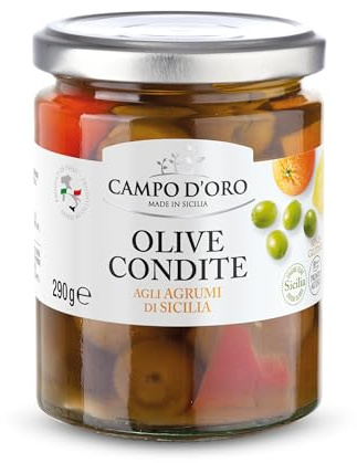 CAMPO D'ORO | OLIVE CONDITE AGLI AGRUMI di Sicilia 290 GR. Olive siciliane con olio agli agrumi siciliani di arance e limoni. 100% Made in Italy