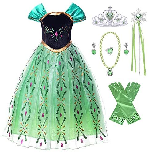 New front Kostüm Mädchen Eiskönigin Kleid Prinzessin Elsa Kinder Grün 2-8 Jahre Prinzessin Anna Verkleidung Weihnachten Fest Geburtstag Karneval Cosplay Zubehör,Grün,140