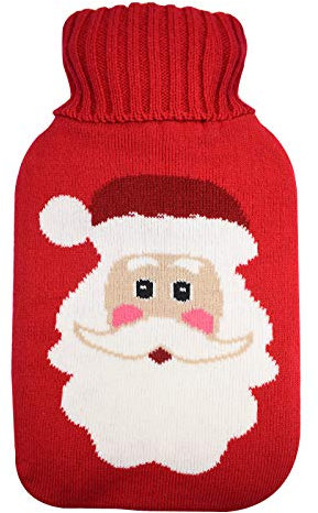 TRIXES Knitted Cover for Hot Water Bottle - Red Xmas Santa Claus Theme Knitted Insulator -Winter - Xmas Gift Cover Only - Hot Water Bottle not Included