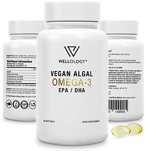 Vegan Omega 3-1200mg Fermented Algae Oil - High Strength EPA DHA - Natures Purest Omega Fatty Acids - Contaminant-Free Alternative to Fish Oil, Cod Liver Oil & Krill Oil - 60 Softgels by Wellology