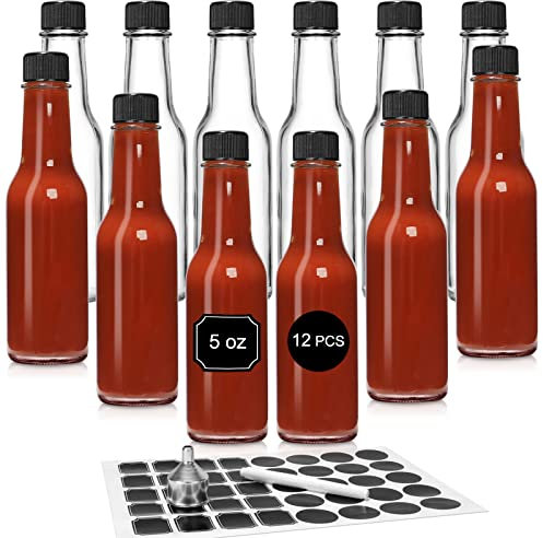 12 pcs 5 oz / 150 ml Hot Sauce Glass Bottles with Leak Proof Screw Cap, Orifice Reducer Dripper Insert, Clear Oil Bottle for Kitchen, Home Brewing Wine & Juicing Bottles For Bordeaux Wine, Beverage