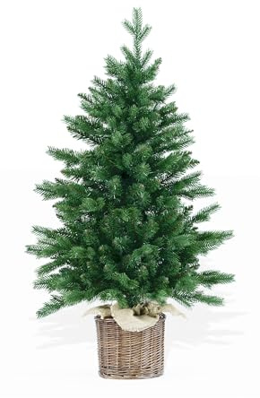 BOP Albero Di Natale Pinetto Ulisse 90 Cm, Folto e Realistico In PVC e PE Real Touch, Base In Juta Con Vaso in Vimini | Albero Di Natale Piccolo Già Pronto | Alberello Artificiale In Polietilene
