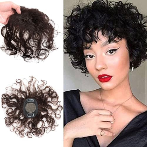 Eree Hair Kurzes, lockiges Echthaar-Topper für Damen, Toupet 7 x 8 cm, Seidenoberfläche, Haar-Topper, Wellen-Ersatzhaarteil, Perücken-Haarteil für dünner werdendes Haar, Dunkelbraun