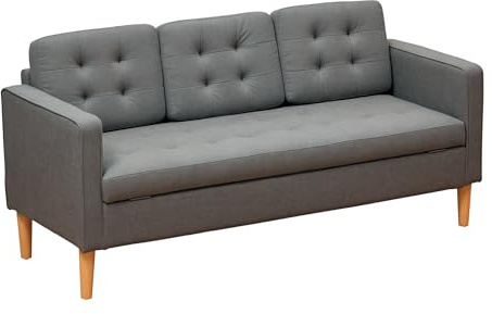 HOMCOM Modern 3 Seater Sofa with Hidden Storage, 169cm Tufted Cotton Couch with Wood Legs, Compact Sofa for Living Room, Grey