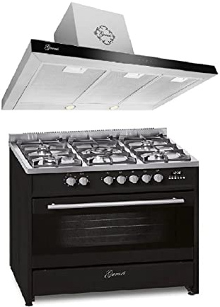 GURARI Gas Elektro Standherd GCH E 911 BL +GCH F 462 IS 9 Prime 90 cm/Range Coocker / 121L / 8 Funktionen/Erd-/Propangas + Dunstabzugshaube 90 cm 1000m³/h Wandhaube in Edelstahl/Schwarzglaspanell