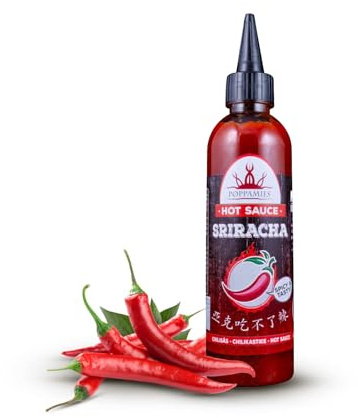 Poppamies Salsa picante Sriracha - Premios Internacionales Sabor 2019 - Salsa Ganadora - Sin Gluten Sin Lactosa Vegana - Picante: 4/10-275g