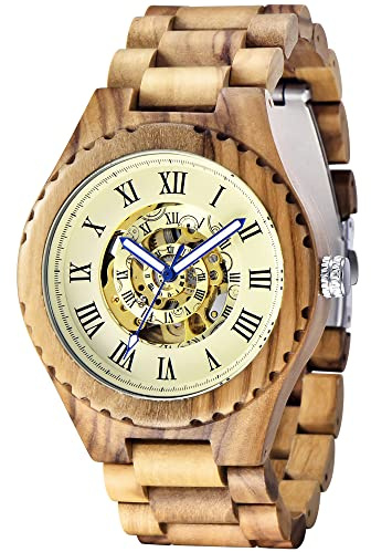Tiong Herren Holzuhr Mechanische Uhren Skelett Automatische Selbst-Wicklung Leichtgewicht für Männer Armbanduhr(Q2020)