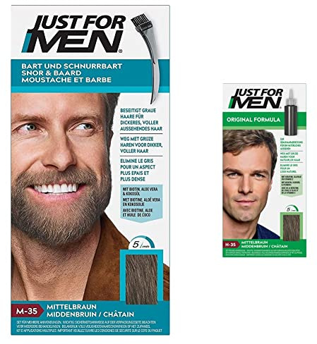 Just For Men Teinture Barbe Châtain Homme M35 & Gel Colorant Cheveux Châtain Homme H35, Couvre Les Cheveux Blancs, Pour Un Résultat Naturel