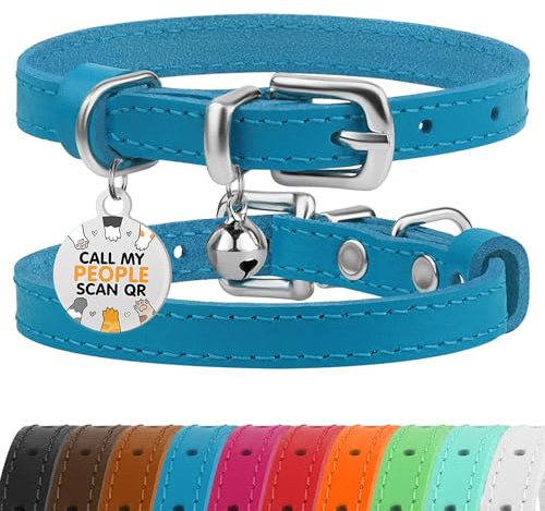 BRONZEDOG Katzenhalsband aus Leder mit Glöckchen, Nicht abreißbar, QR-Tag für Mädchen und Jungen (Blau und Silber, 18-23 cm)