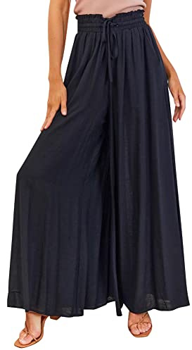 Odizli Hosenrock Damen Lang Boho Blume Chiffon Weite Hose Palazzo Schlaghose High Waist Culotte Baggy Strandhose Leicht Sommerhose Locker Flare Marlenehose Haremshose Freizeithose Schwarz XL
