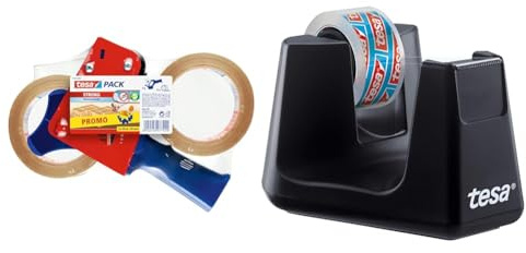 tesa Paketband-Abroller und tesapack Paketbänder im Set - Transparent - 66m x 50mm & Easy Cut SMART Klebebandabroller für Tische/Kompakter Tischabroller mit Anti-Rutsch-Technologie für Klebefilm