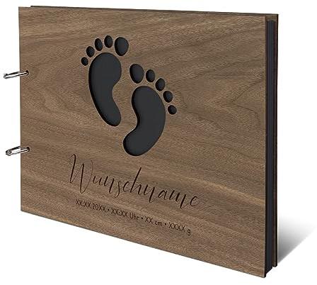 Personalisiertes Geburt Fotoalbum echtes Holz DIN A4 Erinnerungsbuch mit Lasergravur - Fußabdrücke - mit 25 Blatt / 50 Seiten Fotokarton Schwarz