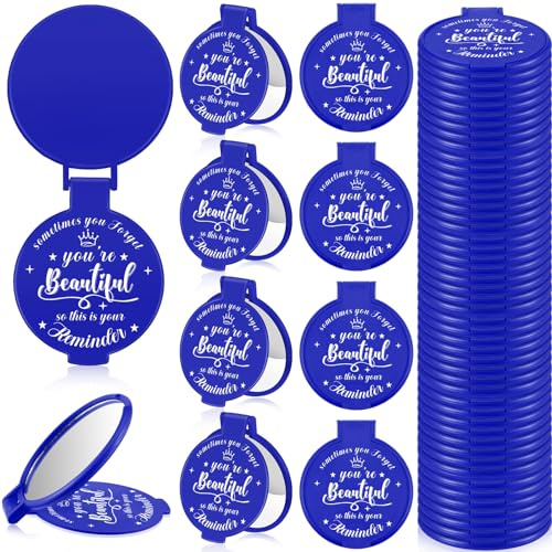 Gulfmew 36 Pcs 2.76 Inch Inspirational Compact Mirror Bulk Women Small Gifts Graduation Party Favors Purse Mirror Pocket Mini Stuffer Items for Adult Coworker Cheerleader Employee (Blue)