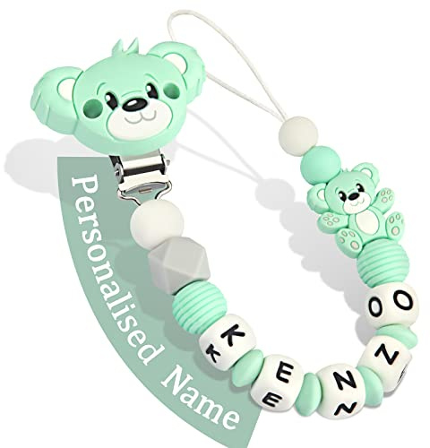 Kowlone Schnullerkette mit Namen Jungen mädchen Personalisiert Teddy Bär Schnuller Clips Halter(Grün)