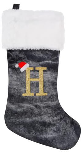 Weihnachtsstrumpf Personalisiert 45 cm Groß Nikolausstrumpf Nikolausstiefel Nikolaussocken zum Befüllen & Aufhängen, Grau Nikolaussocke Weihnachtsdekoration für Kamin, Weihnachtsbaum, Wand, Treppe(H)