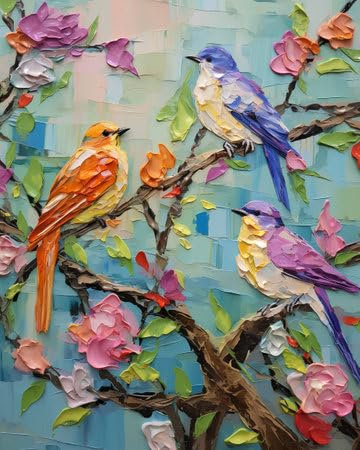 Acryl-Bild 60 x 80 cm: Vögel auf einem Ast eines Baumes mit Blumen. Malerei. (209768271)