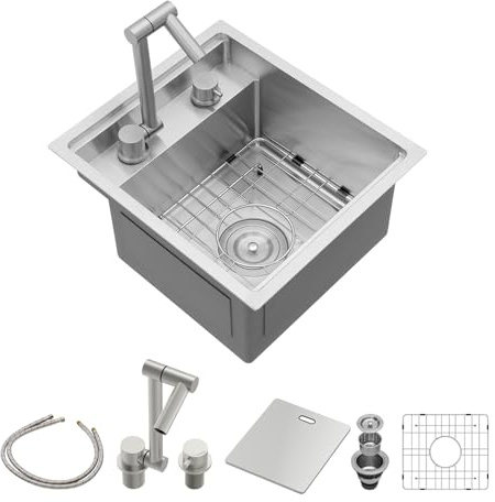 Sarlai Outdoor Sink, 15x17 Inch Undermount Kitchen Sink Workstation with Foldable Faucet Bar Prep Single Bowl Kitchen Sinks 16 Gauge Stainless Steel Sinks with Cover,BBQ Sink Outside