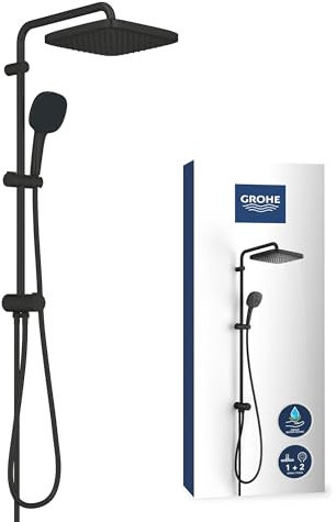 GROHE Vitalio 250, Duschset ohne Armatur, wassersparend, 8l pro Min (Regendusche für vorhandene Duscharmaturen, Duschkopf 2 Strahlarten, Duschstange 74cm, Duschsystem), eckig, schwarz, 266982431