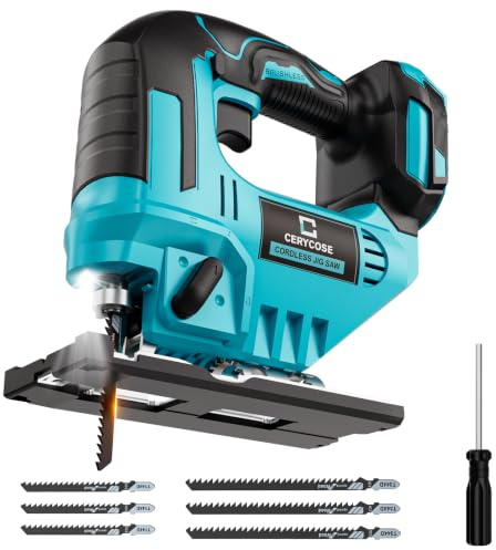 Cerycose Jigsaw Compatible With Makita 18V Battery, Cordless jig saw tool With LED Light, 0°- 45° Bevel Cuts, 3 Position Orbital Setting for Straight/Curve/Bevel/Circle Cutting (NO Battery)