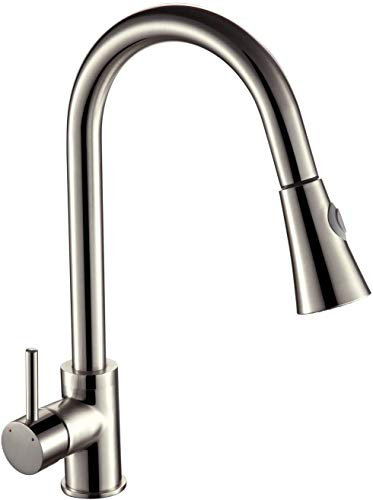 Wasserhähne, gebürsteter Wasserhahn, ausziehbarer Küchenduschkopf, 2 Strahltypen, hoher Auslauf, 360 ° Schwenkbereich, aus Messing, Küchenarmatur