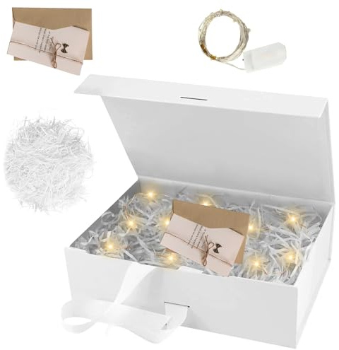 Geschenkkarton mit Raffia Hamper Shreds Grußkarten, Geschenkbox LED-Licht | Geschenkschachtel, Geschenkkarton mit Schleife, Magnetische Geschenkbox LED-Licht für Hochzeit Geburtstag Valentinstag