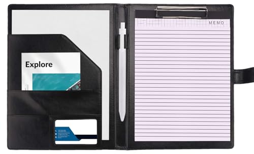 Clipboard Folder DIN A4 Conference Folder, Leather Document Clip Board Work Writing Foldover Clipboard with Cover, Portfolio Folder with A4 Paper &Sticky Arrow Tabs &Pen, Black