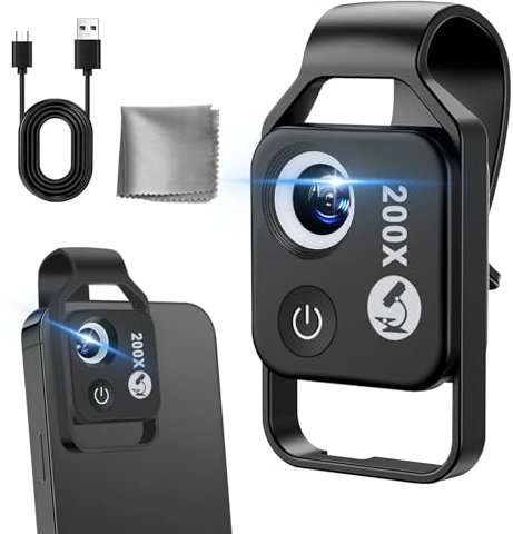 Microscope Ntrjtrss 200X USB Portable pour iPhone 13 14 15 avec 6 LED et CPL