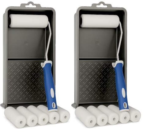 16-teiliges Lackierwalzen-Set mit 12 Schaumwalzen 10 cm für glatte Oberflächen, 2 Farbroller-Bügel, 2 Farbwannen – Perfekt für Lackierarbeiten, Türen & Möbel