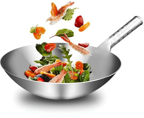 WXFKLDJ 36cm, Wok Cinese in Acciaio Inossidabile Wok in Acciaio al Carbonio con Fondo Tondo Padella per Friggere Wok per Saltare in Padella Padelle per Saltare in Padella Utensili per Wok Resistenti