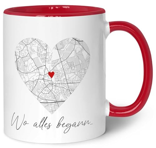 GRAVURZEILE Bedruckte Tasse mit dem Motiv - Wo alles begann - Mit deinem Wunschort - Ideal als Hochzeitsgeschenk - Personalisierte Geschenke für Frauen - Geschenk zum Jahrestag - Rot