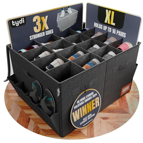 Tydi Shoe Storage Box – Ultra-Stiff Shoe Organiser with Clear Zip Cover, Tag Insert & 16 Compartments – Stackable Shoe Storage Solution & Space Saver for Closet & Wardrobe - Black | Ultra-stiff and Stackable · Tag Insert for Labelling · Space Saver for Closet and Wardrobe